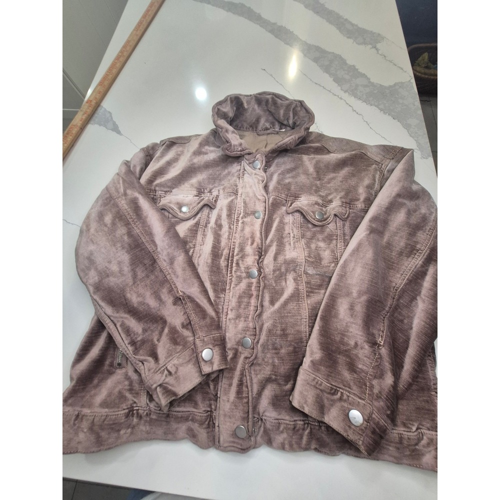 Free People Corduroy‎ Velvet Trucker Jacket Mauve Brown Zip Snap Pockets XS